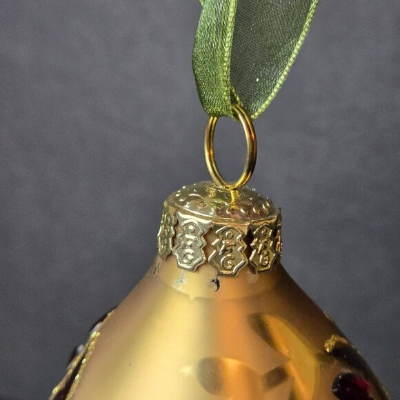 Frontgate Gold Red Jeweled Teardrop Ornament Handpainted Glitter Leaf Scroll 6" - Picture 5 of 7